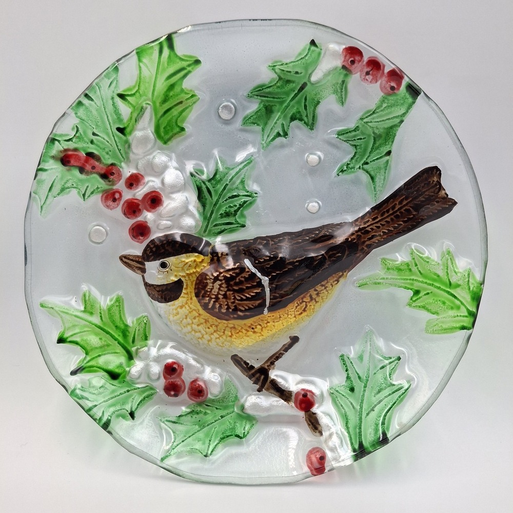 Fused Glass Chickadee Bird Plate with Holly Berries 8" Food‎ Safe Vintage Artsy